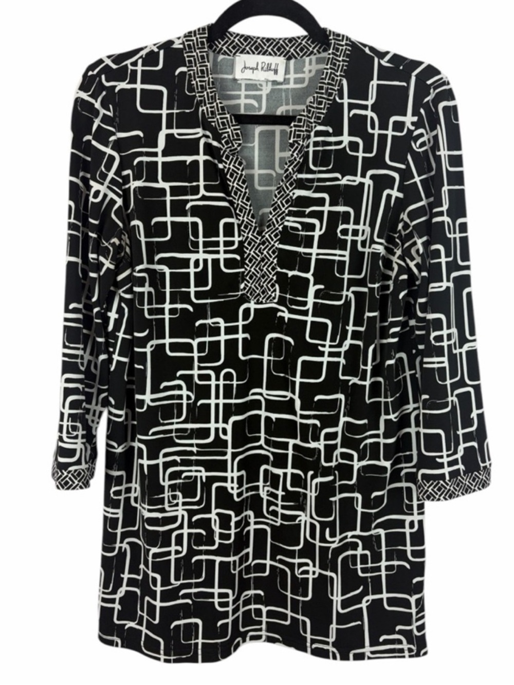 Joseph Ribkoff Black & White Geometric Print Tunic Top 3/4 Sleeve Size 12